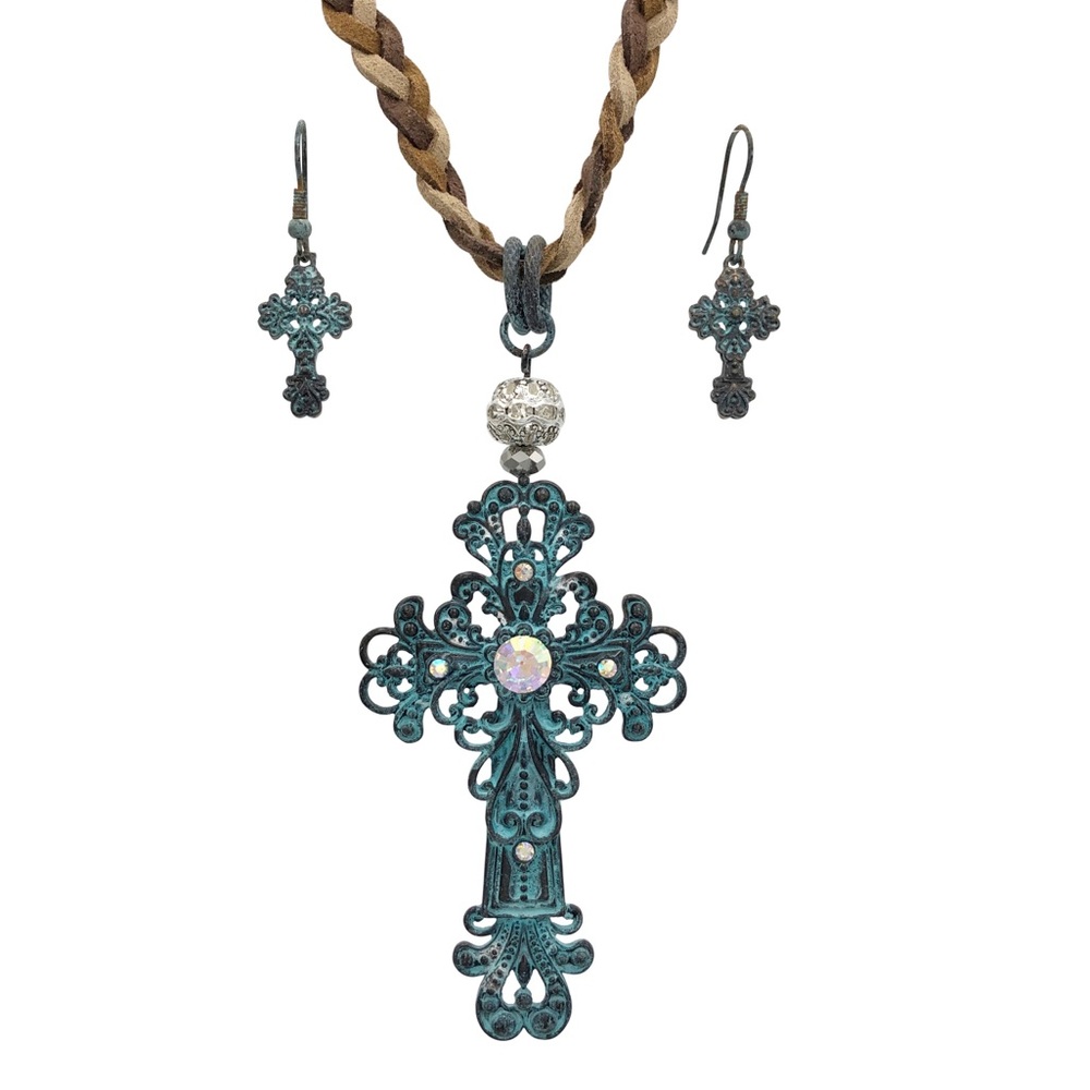 Large Cross Braided Cord Necklace Earrings Set